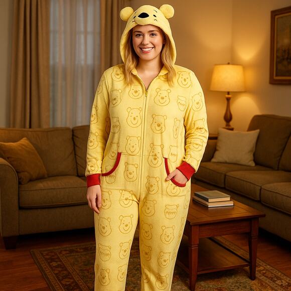 Disney Winnie the Pooh Hooded One-Piece Pajama Jumpsuit – Adult XL (16–18) - Picture 1 of 8